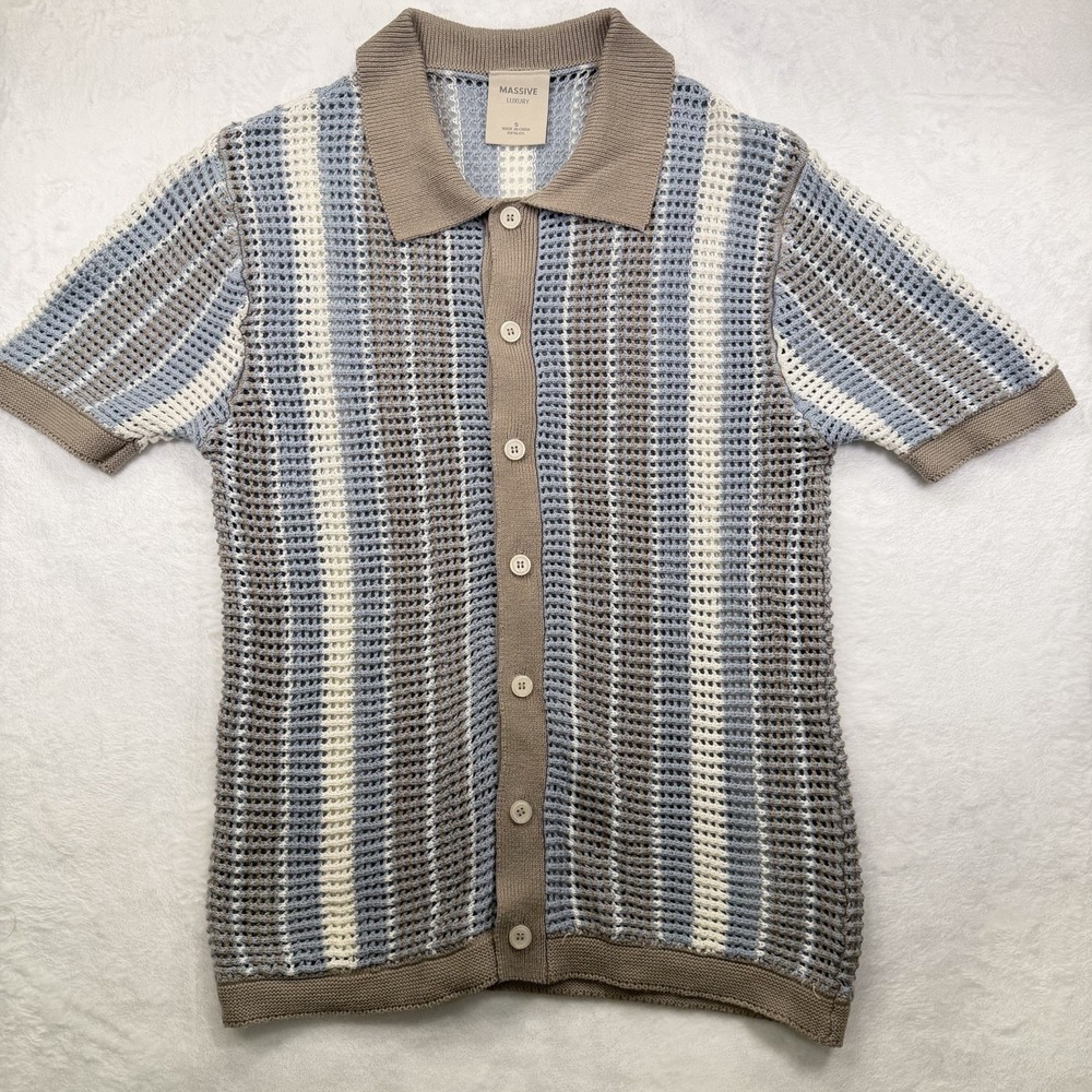 Massive Luxury Crochet Knit Striped Polo Button Up Men's Small Blue Brown White